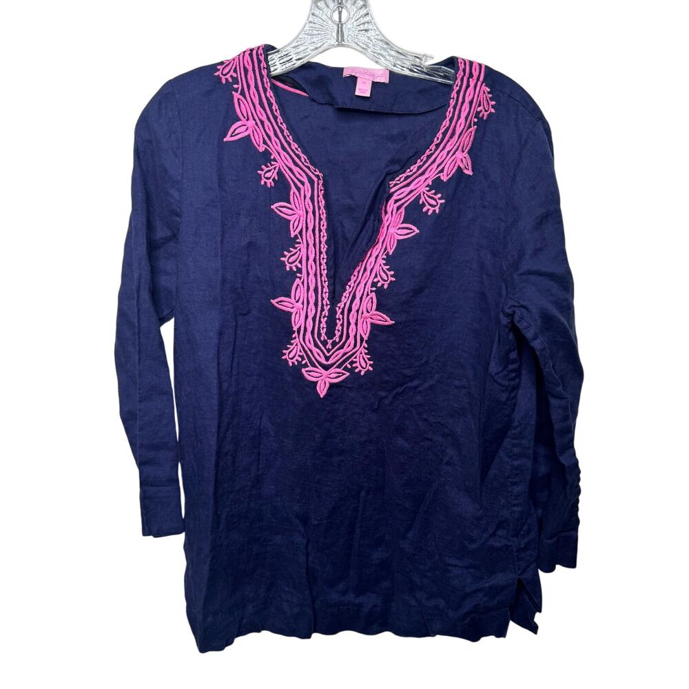 Lilly Pulitzer Blue Linen Top M Pink Embroidered‎ Boho Resort Style Summer